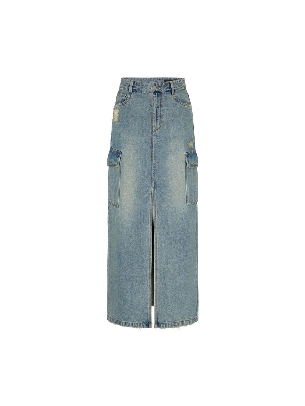 Light Blue Straight-Leg Denim Skirt with Front Slit
